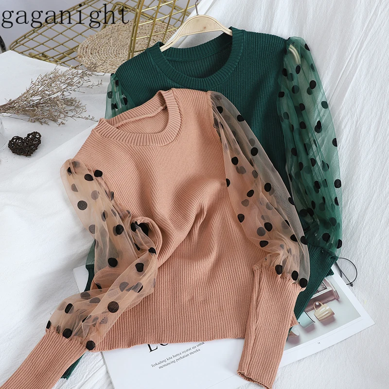 Gaganight Polk Dot винтажный сетчатый лоскутный модный свитер Весна Осень шикарный