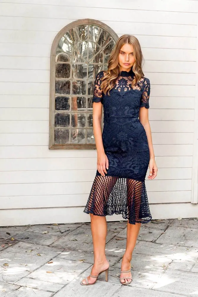 BacklakeGirls Robe De Soiree элегантное Голубое Кружевное коктейльное платье с высоким воротом и коротким рукавом женское платье длиной до середины икры vestido de festa