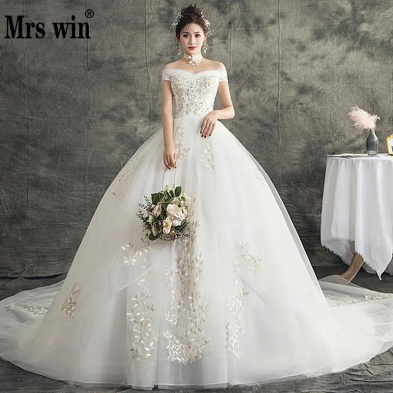 Mrs Win свадебное платье роскошное бальное платье с вырезом лодочкой и открытыми плечами свадебное платье принцессы с кружевной аппликацией