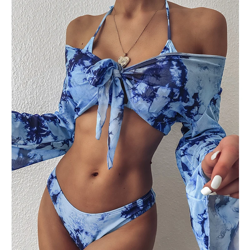 Сексуальный леопардовый комплект бикини из трех предметов с длинным рукавом и