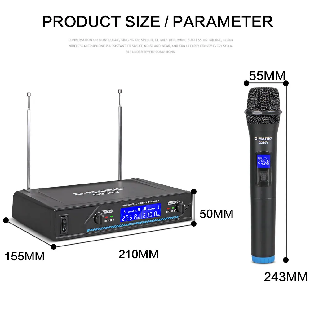 Wireless Microphone G-MARK G210V Professional Karaoke 2 Channels Dynamic Handheld Mic For Party Church Show Home