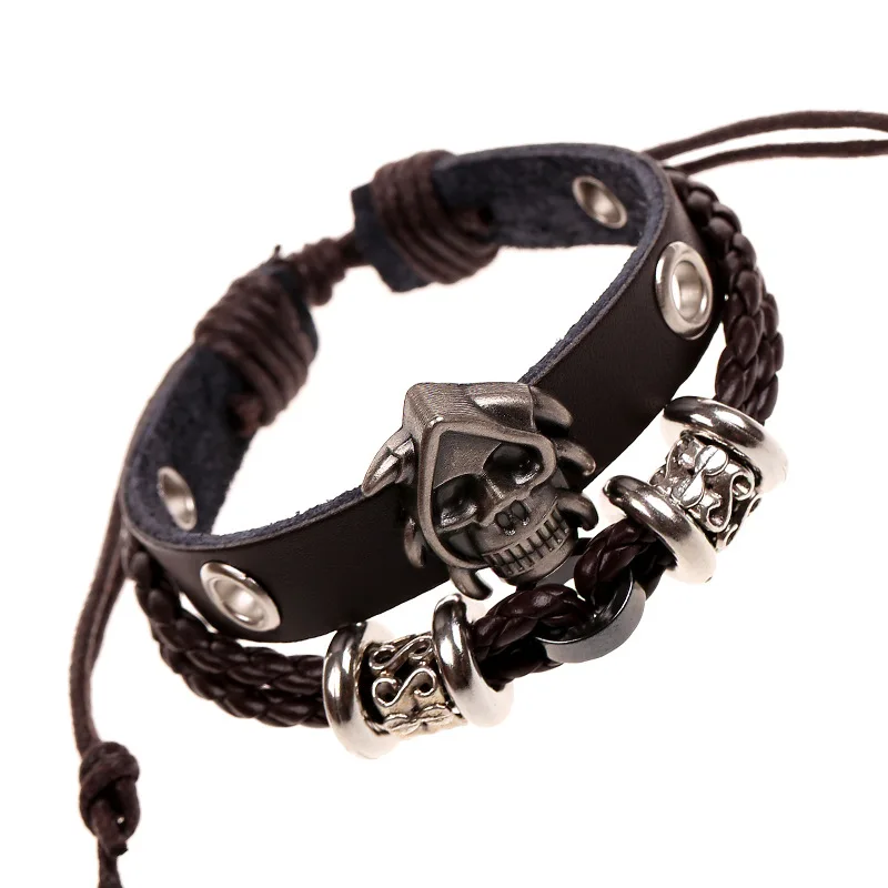Hot Sell 100% Hand-woven Vintage Ghost Jewelry Male Wrap Multilayer Leather Braided Rope Wristband Men Bracelets &amp Bangles | Украшения и