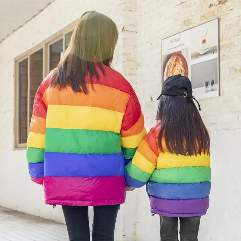 Mother Daughter Coats Mom Girls Cotton Padded Rainbow Jacket Winter Wam Family Look Outfits Clothes J566