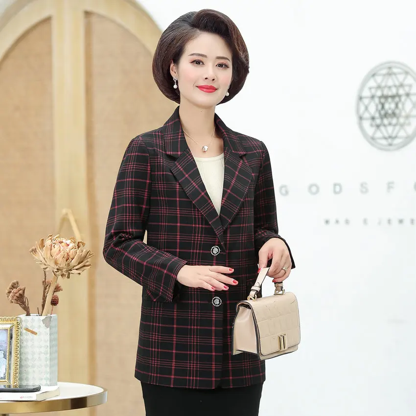 Middle Aged Women Plaid Blazer Autumn Spring Red Gray Checked Pattern Jacket Suit Mature Woman Elegant Outfits Notched Collar