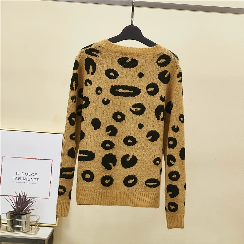 Топ продаж осенний женский свитер Леопардовый вязаный длинный рукав v-образный Вырез Свободный размер Повседневный женский кардиган свитер DV103