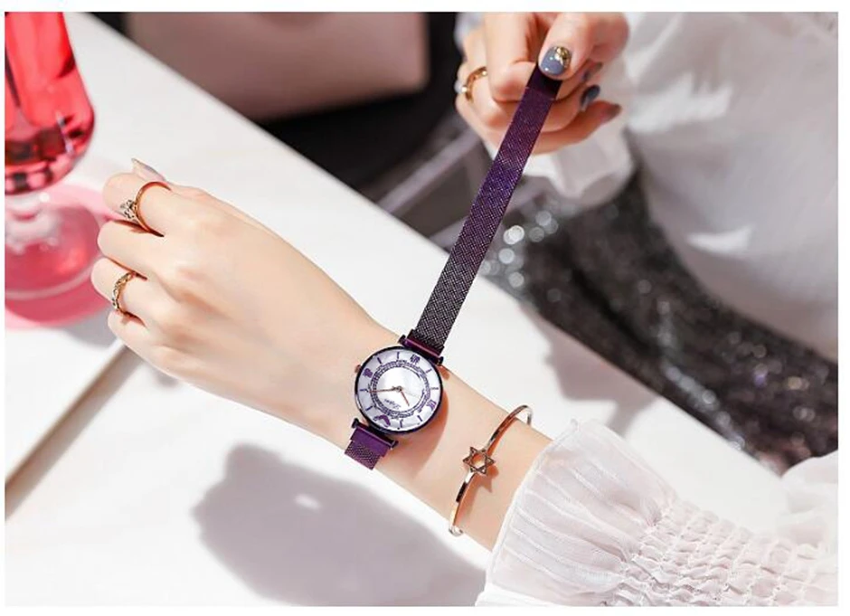 Luxury Ladies Watch Magnet Stainless Steel Mesh Marble Dial Fashion Diamond Female Luminous Shining Quartz Watch Relogio