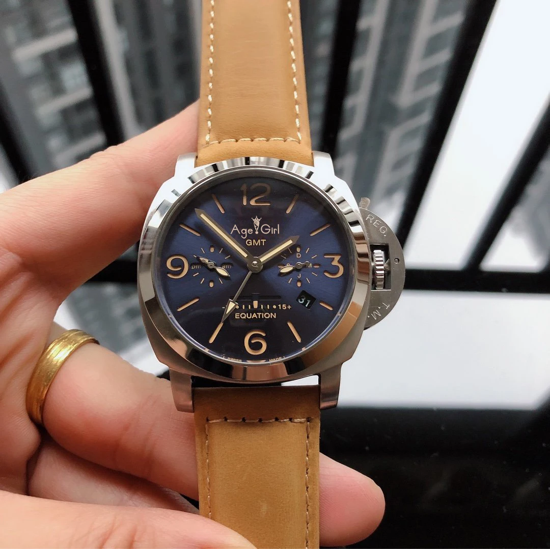 

44mm Luxury Brand New Men Automatic Mechanical Sapphire Stainless Steel GMT Equation Luminous Blue Dial Brown Leather Watch