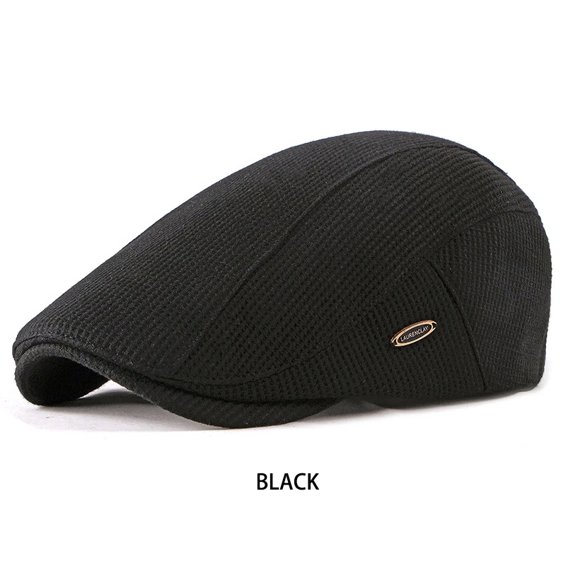 Autumn Winter knitted Men Beret Hat Brand Quality Flatcap Ivy Vintage Newsboy Cap Mens Beanie With Visor - Цвет: Black