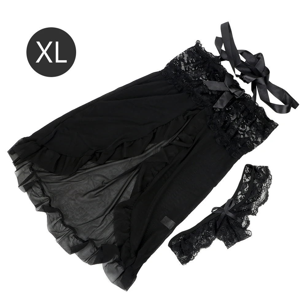 IKOKY кружевная прозрачная одежда для сна эротическая Дамская одежда и стринги комплект сексуальные костюмы униформа соблазнительное сексуальное женское белье - Цвет: Black XL