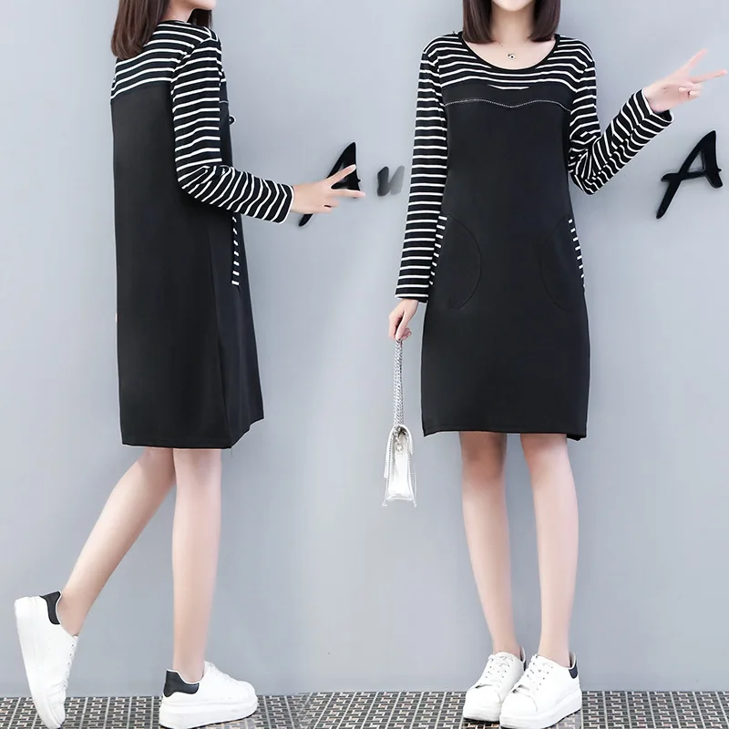 

2018 Autumn And Winter New Style Fat Mm Loose And Plus-sized Slimming Mid-length Mock Two-Piece Dress Large Size Dress