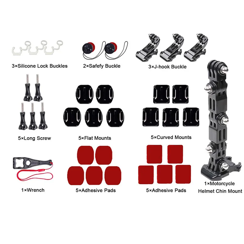 Vue rapprochée du kit d'accessoires pour GoPro Hero avec adaptateurs et vis, sur fond blanc.
