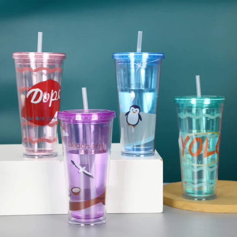600ml Transparent Plastic Bottle Double-layer Water Bottles With Lid Straw Cup Reusable Cups For Student Girl Gift | Дом и сад