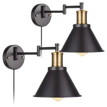 

Pauwer Industrial Plug in Wall Sconces Set of 2 with On Off Switch Vintage Edison Swing Arm Wall Lamp Black Metal Shade Wall Lig