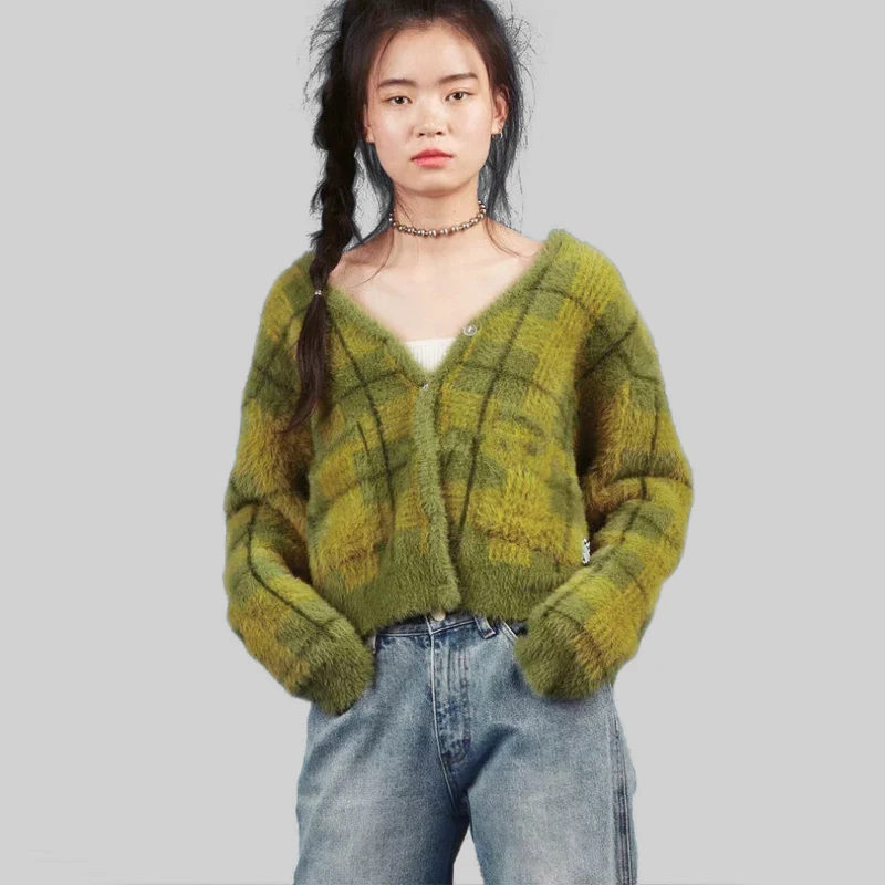 

Women V Neck Button Front Fluffy Cardigan Supersoft Plaid Fuzzy Sweaters With Two Front Pockets