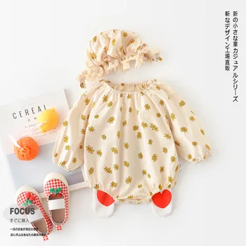 

Baby Girl Onesie 2020 Autumn New Baby Girl Long-sleeved Daisy Print Bodysuit with Hat Children's Clothes