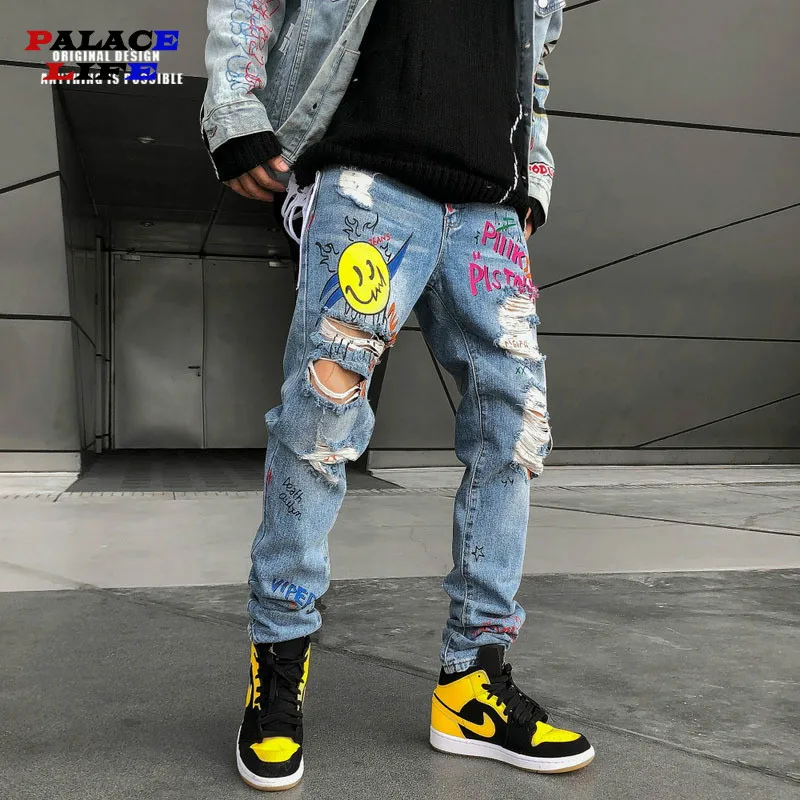 Мужские джинсовые брюки с граффити смайлик уличная одежда хип хоп рваные Harajuku