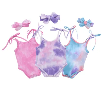 

Toddler Baby Boys Girls Summer Clothes Newborn Infant Kids Sleeveless Bandage Tie Dye Rompers Jumpsuits Headband Cotton Outfits