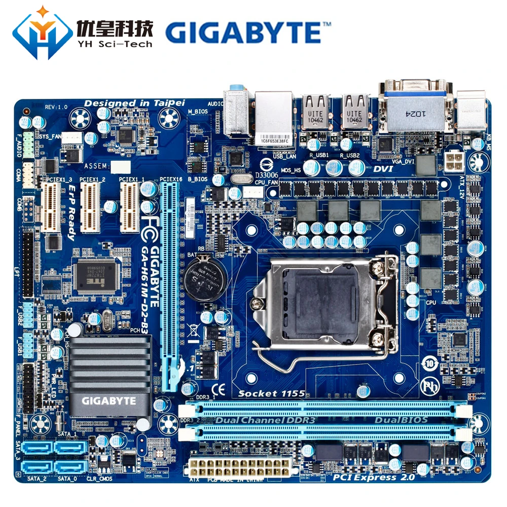 Оригинальная б/у настольная Материнская плата Gigabyte GA-H61M-D2-B3 H61 Socket LGA 1155 Core i7/i5/i3/Pentium/Celeron DDR3 16G Micro ATX