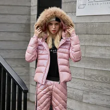 Лидер продаж, женский лыжный костюм из двух предметов, зимняя куртка с капюшоном и меховым воротником, уличные тонкие брюки, теплый пуховик, хлопковая куртка+ штаны