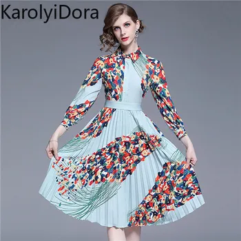 

High Quality Designer Runway Dress Women 2020 Spring Woman Clothes Long Sleeve Floral Print Turn-down Collar Midi Pleated Dresse