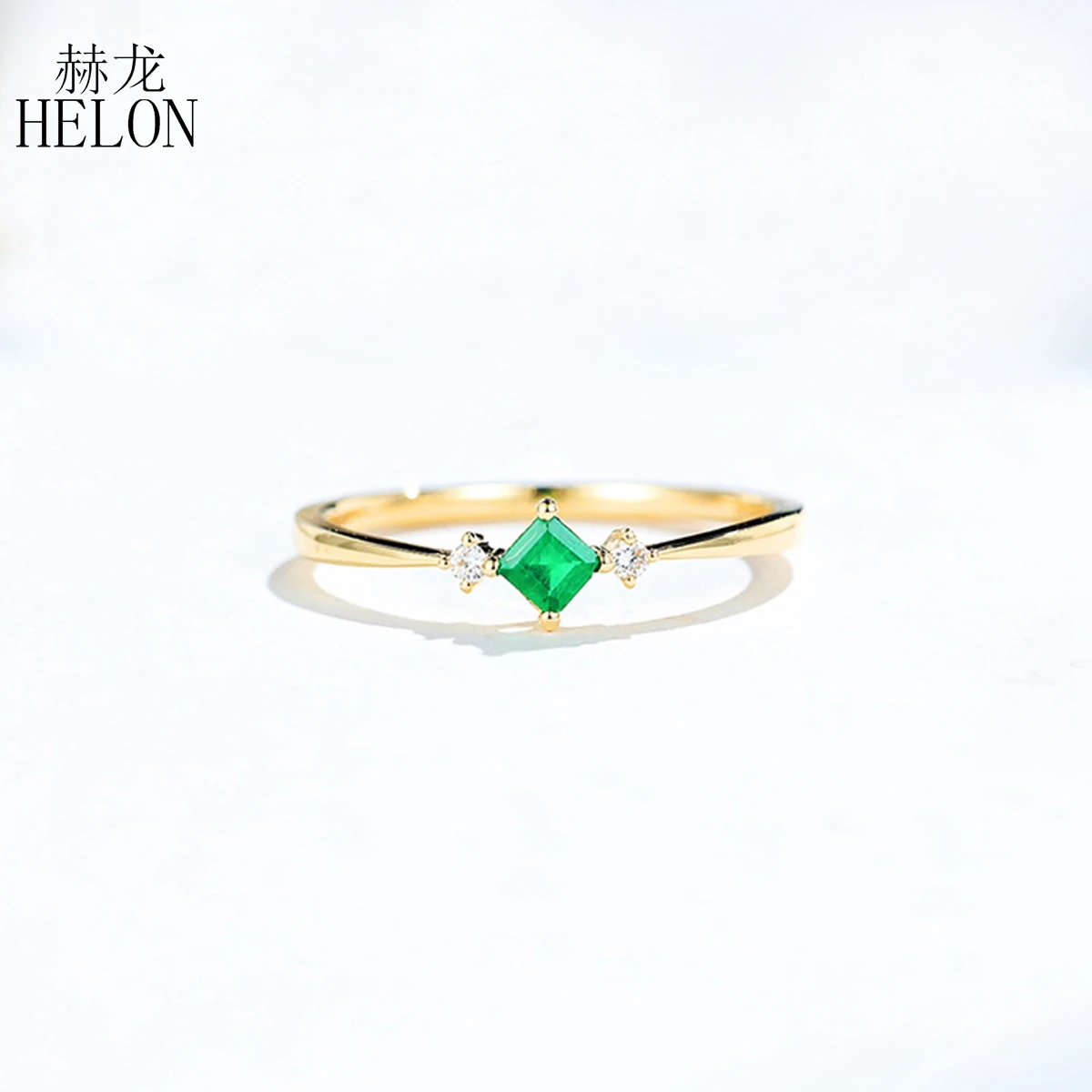HELON кольца для женщин, Твердое 14 к желтое золото, натуральный 0.10Ct изумруд, Подлинные Бриллианты, вечерние кольца на годовщину, кольца, подарок, ювелирное изделие