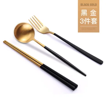 

Stainless Steel Portable Chopsticks Spoon Fork Set Gold Creative Cutlery Vajillas Completas Rose Gold Black Tableware Set EE6DC