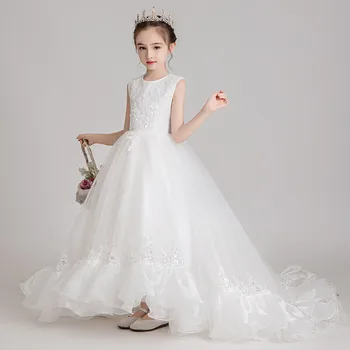 

2019High-Quality Children Girls White New Luxury Birthday Evening Party Princess Long Tail Lace Dress Model Catwalk Host Dress