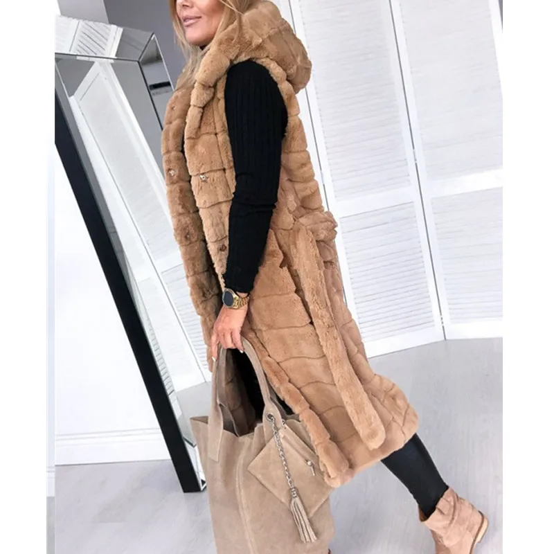 

Women Long Fur Coat Vest Autumn Winter Warm Faux Fur Coats Hooded Coats Long Fur Outwear