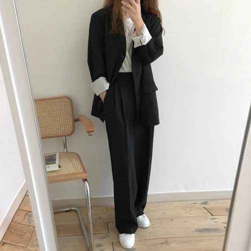Комплект из двух предметов, женский корейский стиль, для отдыха, Ретро стиль, с отворотом, длинный рукав, пиджак+ высокая талия, подвеска, широкие брюки, брюки - Цвет: 5251