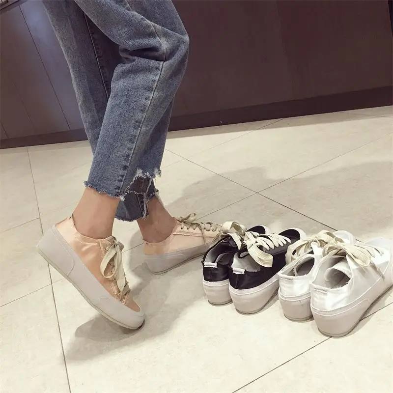 Scarpe donna/ г. Женская обувь однотонные белые кроссовки на плоской платформе шелковая повседневная женская обувь с круглым носком женская обувь Alpargatas De Mujer
