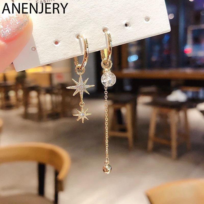 Женские асимметричные серьги кольца ANENJERY 925 пробы Серьги из серебристого стекла