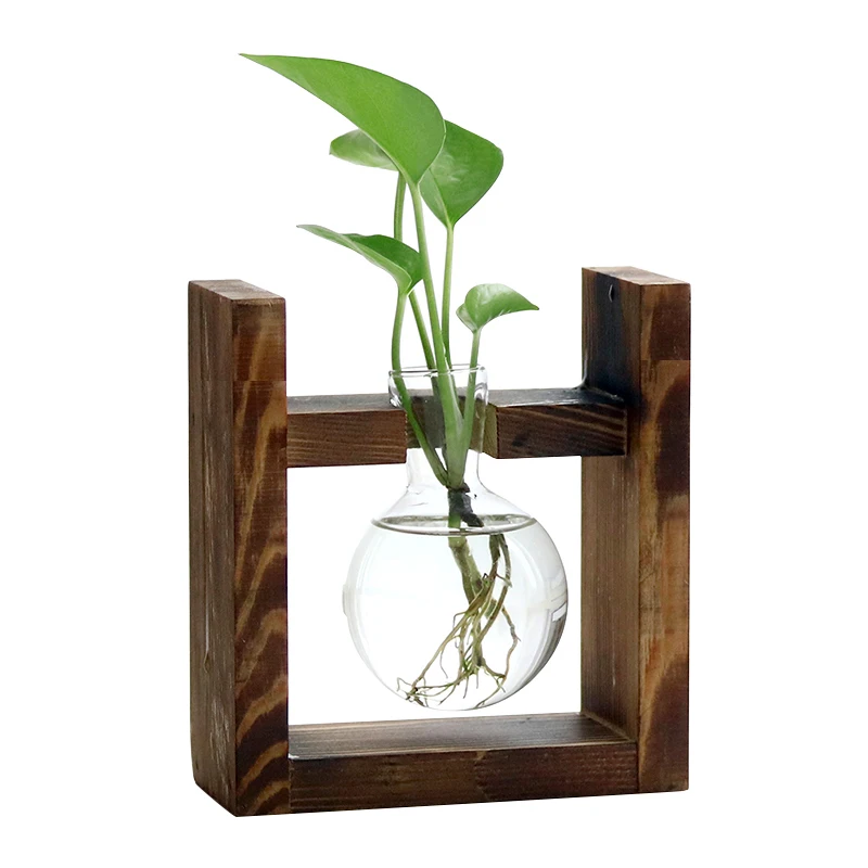 

Retro Plant Terrarium Decorative Wood Air Planter Bulb Vase Desktop Flower Hydroponics Glass Vase for Home Office Decoration
