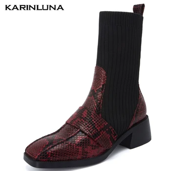 

KARINLUNA 2019 Brand New INS Hot Genuine Leather Knitting trendy Woman Shoes Sock Boots Women Ankle Boots Female