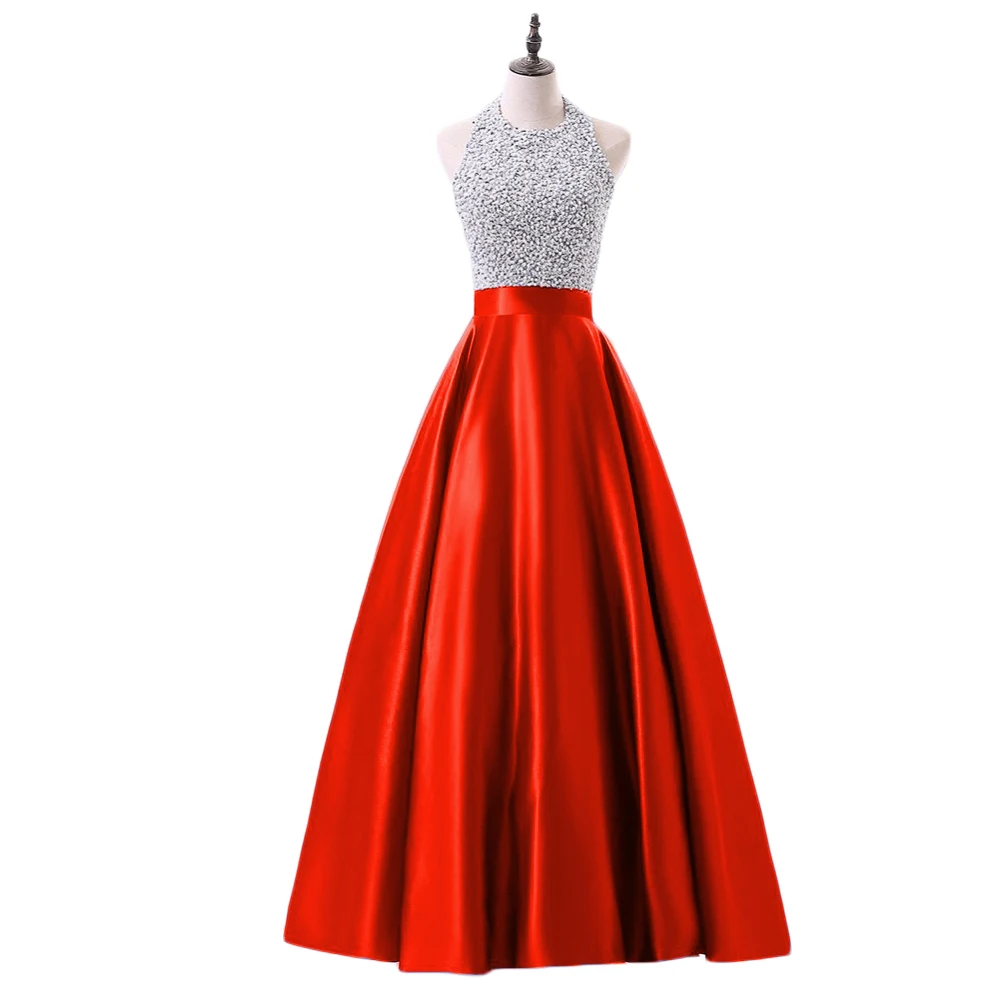 ANGELSBRIDEP, сексуальные Сатиновые длинные платья для выпускного вечера, Новое поступление, кружевные платья с лямкой через шею, бисерные трапециевидные вечерние платья для особых случаев - Цвет: Красный