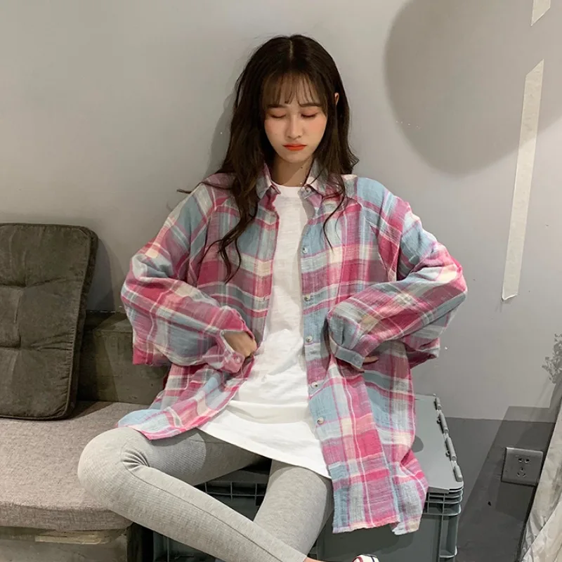 

New 2020 Fall Artistic Sanding Loose Mid-length Plaid Shirt All-match Casual Cardigan Coat For Women shirts blouse