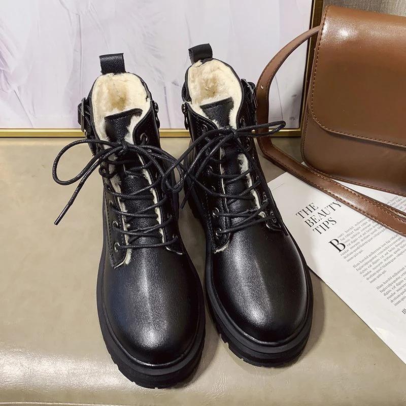 NEW Winter Boots Black Women's Boots Short Plush Mid Heel Boots Female Women Shoes Round Toe Brand Ankle Boots 2020 Women Shoes