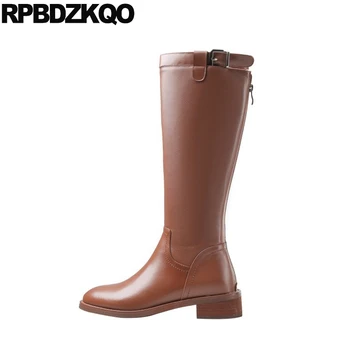 

round toe high quality wide calf riding knee tall real leather brown long luxury brand shoes women chunky equestrian boots beige