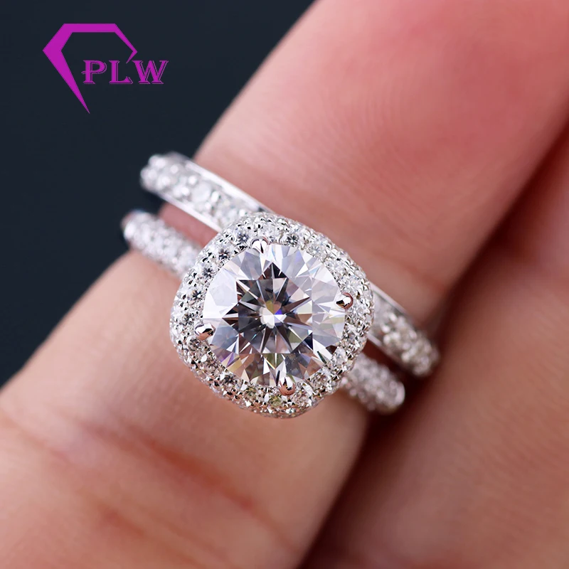 Набор свадебных колец Moissanite Великолепная 2 шт 2CT круглый D Цвет Moissanite основной камень 14K белое золото