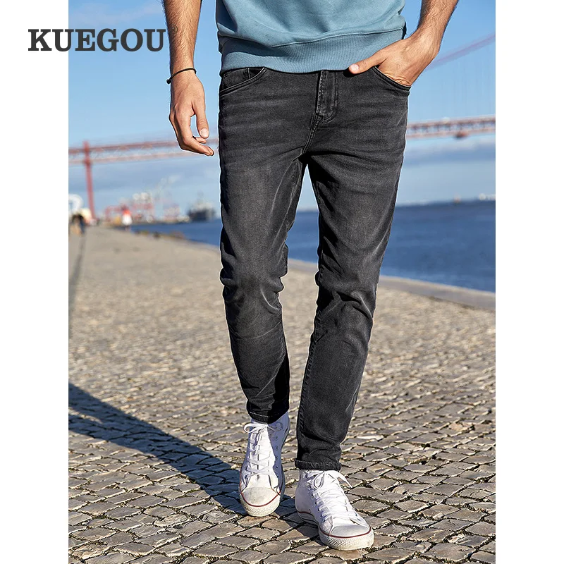 Mens Jeans Denim-Pants Black Vintage KUEGOU Trousers Spring Slim Cotton Fashion Wash