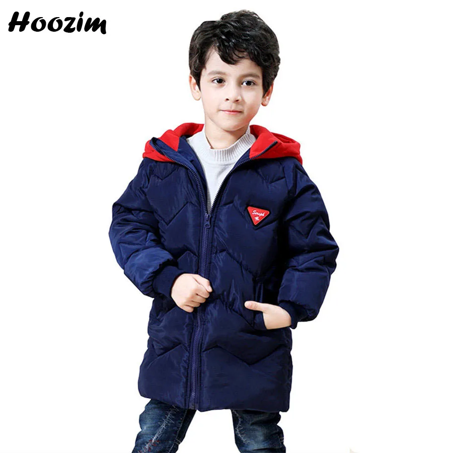 

2019 New Royal Blue Jacket For Boys 3-9 Years Fashion Patchwork Hooded Parka Children Winter Solid Long Outerwear Coat For Boys