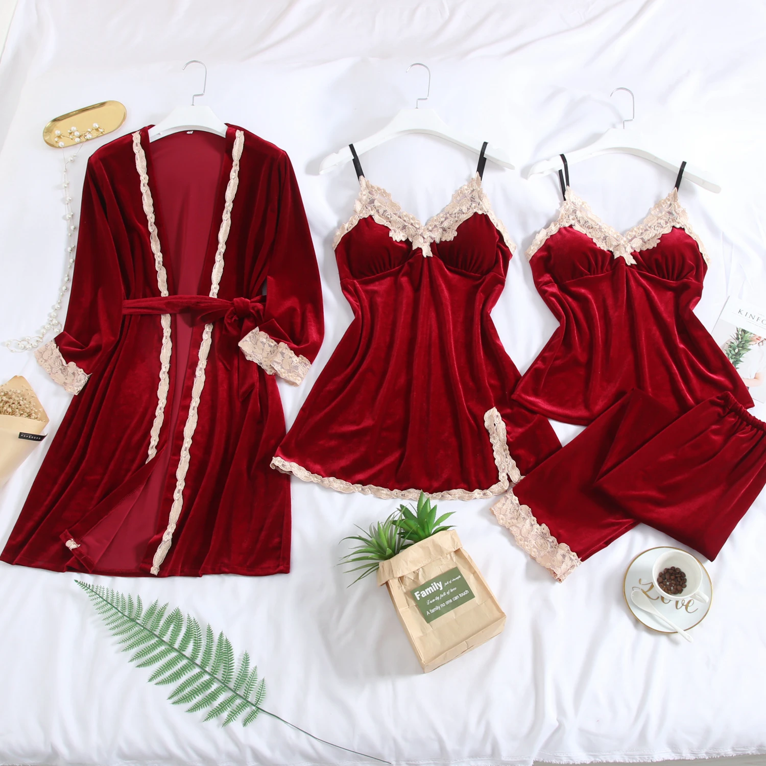 Женская зимняя одежда для сна, Сексуальная кружевная открытая Женская пижама, комплект из 4 предметов, Осенняя модная женская одежда для сна, домашняя одежда