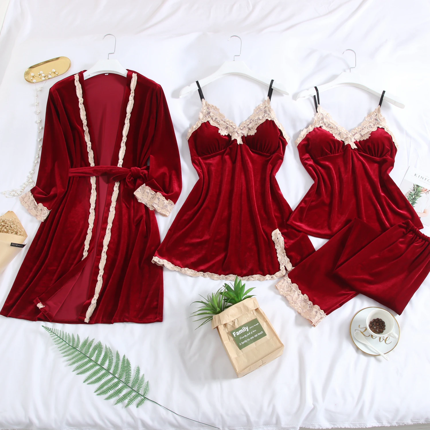 

Women Winter Sleepwear Sexy Lace Slik Hollow Out Women Pajamas Set 4 Pieces Sets 2018 Autumn Fashion Female Nightwear Homewear