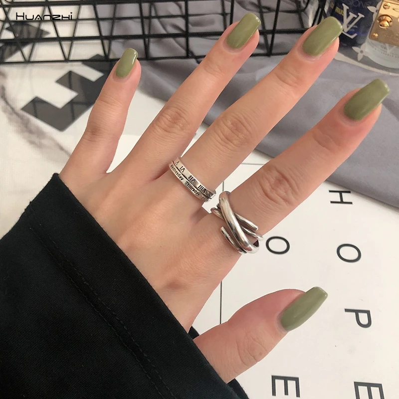 

HUANZHI 2020 New Trendy Personality Simple Vintage Roman Numerals Line Cross Opening Ring For Women Girls Party Jewelry Gifts
