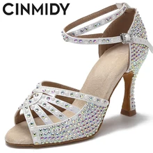 CINMIDY Pearl Rhinestone Latin Dance Shoes Tango Salsa Rumba Samba Ladies Soft Sole High Heels 5CM-10CM Women Sandals Non-Slip