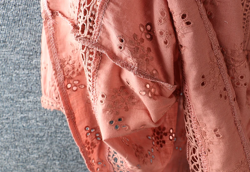 2020 New Spring Women Shirt Literary Fresh Hollow out Embroidery Pullover Cotton and linen O-Neck Blouse Women 5