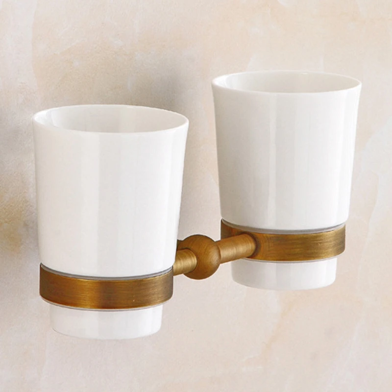Fashion Toothbrush Holder Double Cup Brass Bathroom Family Toothbrush Cups Holder Set