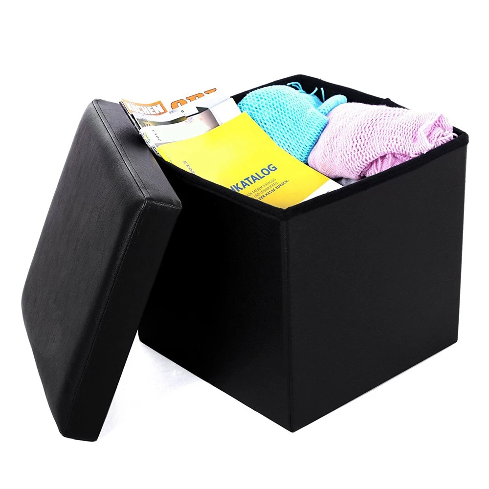 

Practical Footstool PVC Leather Square Flip Top Storage Ottoman Cube Foot Rest, Black