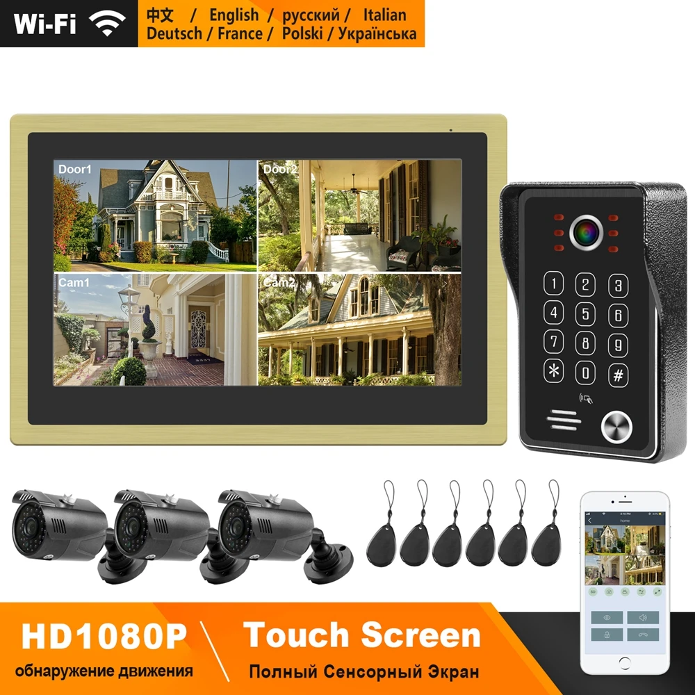 Видеодомофон HomeFong Wi Fi 10 дюймовый сенсорный экран 1080P|Видеодомофон| |