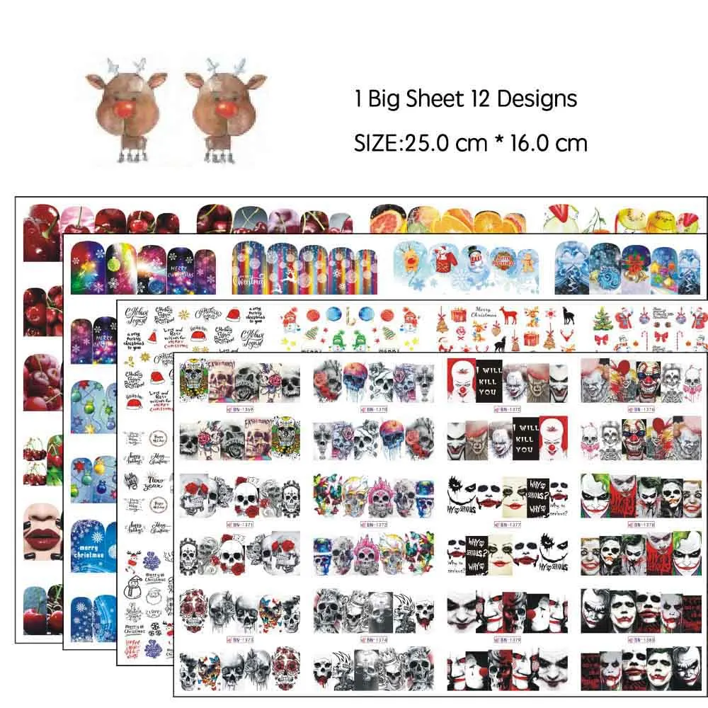 

12 Designs Nail Stickers Xmas Santa Claus Gift Sliders Tattoo Mix Skull Halloween Fruits Patterns Water Decals Manicure Decor