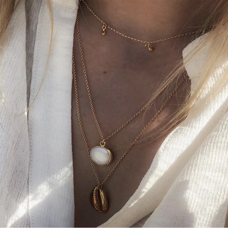 

Fashion Women Necklaces Beads Pearl Shell Pendant Clavicle Chain Multilayer Gold Long Necklace Set Dance Party Jewelry